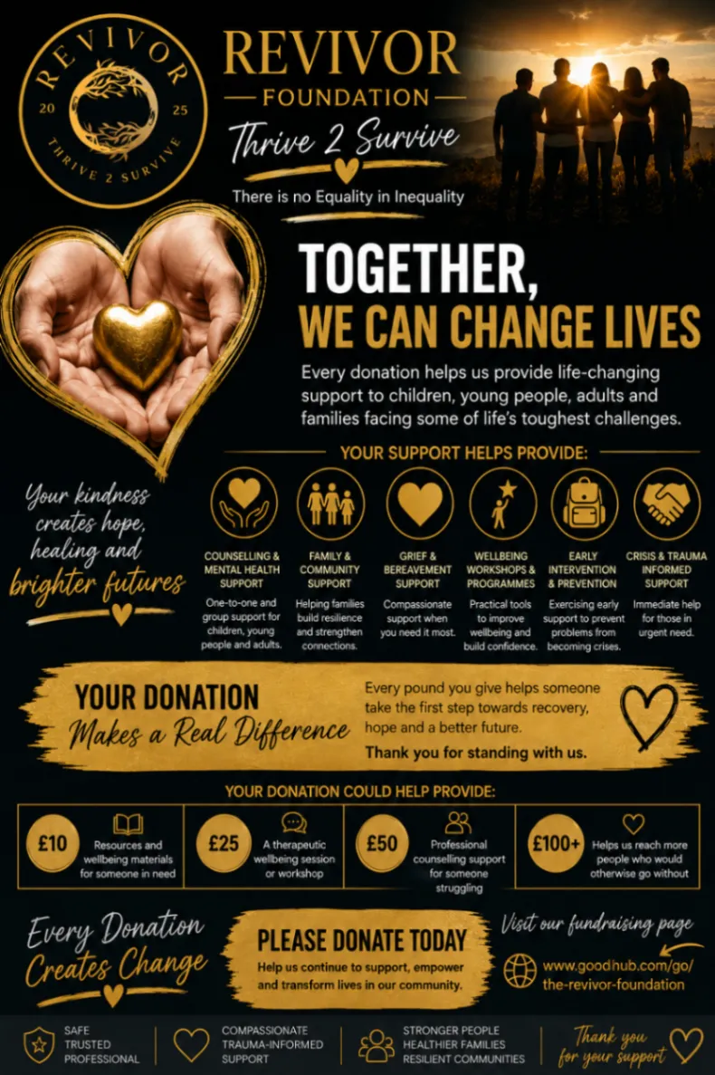 The Revivor Foundation fundraising poster describing how donations can support counselling, family and community support, wellbeing programmes, early intervention, and crisis support.