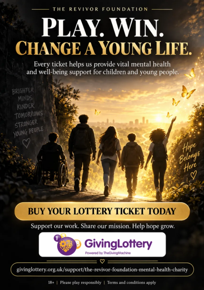 The Revivor Foundation GivingLottery poster explaining that every ticket helps provide mental-health and wellbeing support for children and young people.